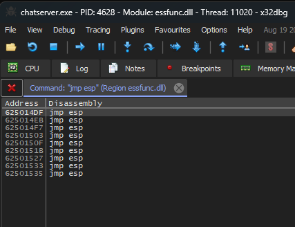 Search results in x64dbg